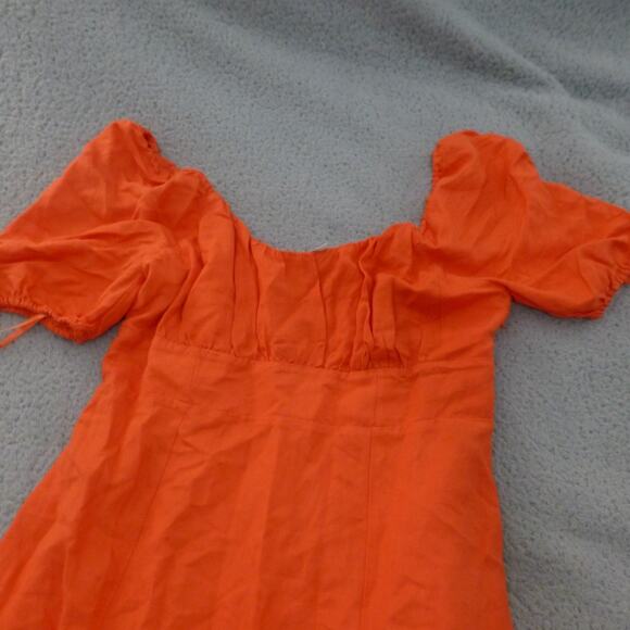 Loft Dress Womens 10 Orange Smocked Puff Sleeves Linen Blend Slit Long - Picture 3 of 10